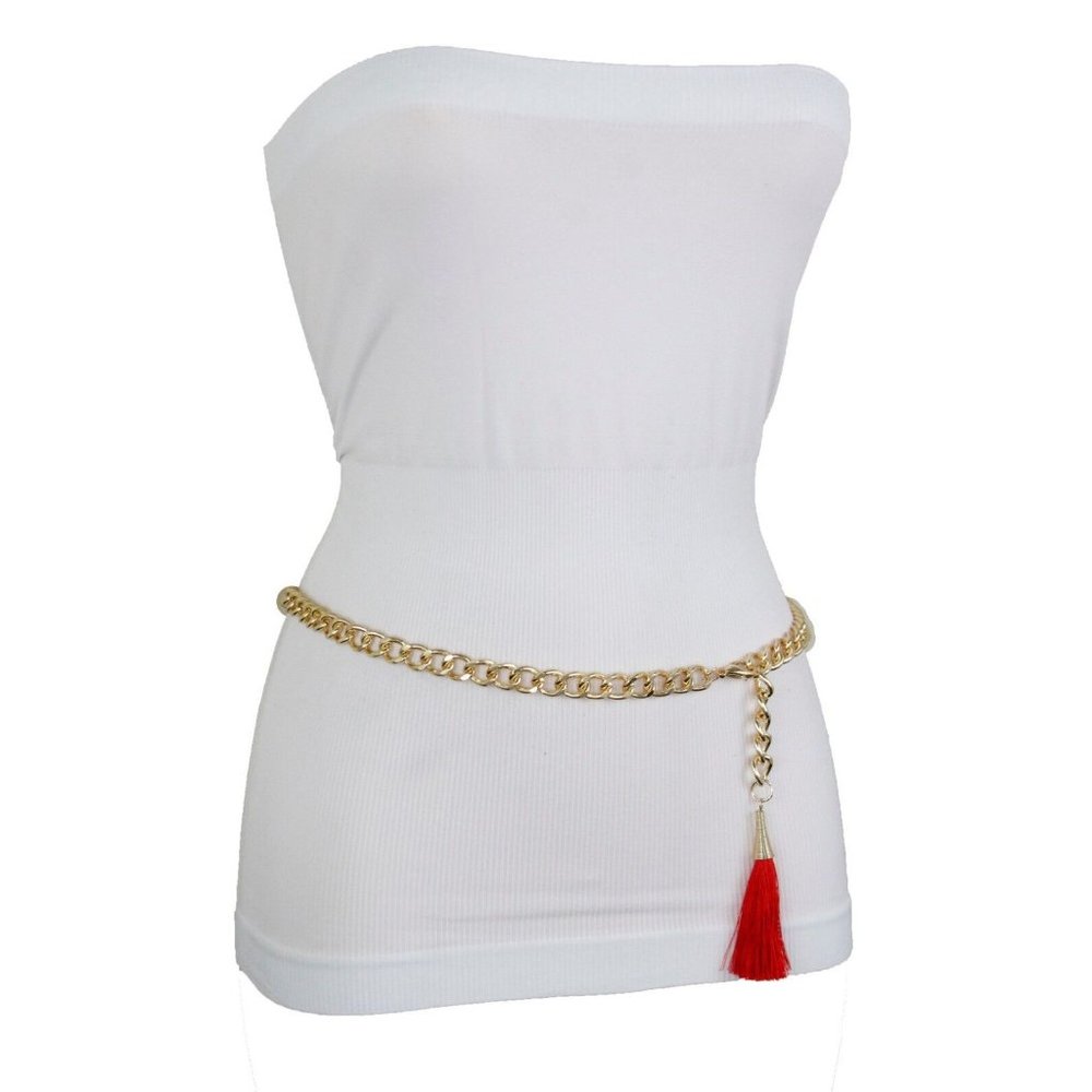 Women Skinny Bling Belt Gold Metal Chain Link Red Fringes Tassel Buckle M L XL